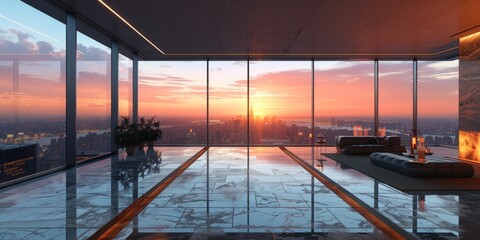 Fototapeta premium A luxurious room at the top of a high-rise with panoramic views of the cityscape, elegant modern interior and wide glass walls