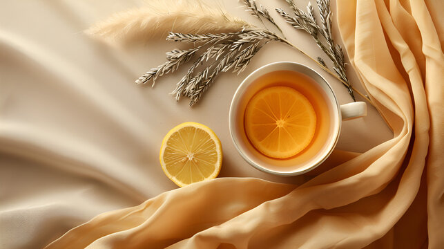 Cup of tea with lemon, lagurus grass decoration with linen cloth on beige backdrop, text area for branding and design. Banner size, visual style, tea with lemon on top. Winter and Autumn Theme