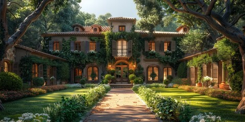 Obraz premium An elegant, ivy-clad mansion features sun-drenched gardens, charming courtyards, and rustic wooden shutters, evoking timeless French countryside charm