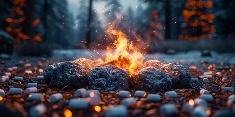 Autumn bonfire and marshmallows for National Bonfire Night, November 5th, crackling flames, cozy setup, festive night