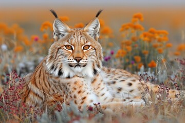 Obraz premium A Lynx Lying in a Field of Wildflowers