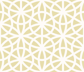 Abstract vector geometric golden seamless pattern. Stylish gold and white texture with lines, circles, triangles, floral silhouettes, lattice. Repeated ornamental luxury background in arabian style
