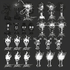 electric animation sprite sheet, 2d asset, black and white.generative ai