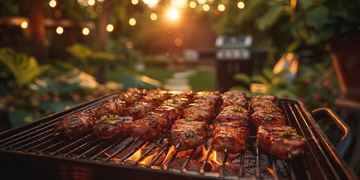 Barbecue setup in the backyard for National Barbecue Day, August 3rd, grilling food, summer ambiance, festive decorations