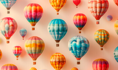 Several colorful hot air balloons float against a light pink sky