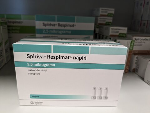 Prague, Czech Republic - July 10 2024: SPIRIVA RESPIMAT box of medication with TIOTROPIUM BROMIDE active substance by BOEHRINGER INGELHEIM, used for treatment of COPD and asthma.