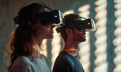Two people are wearing virtual reality headsets and looking into the distance in a modern setting