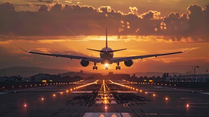Commercial airplane during takeoff at sunset, with the sun casting a warm glow on the horizon