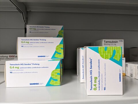 Prague, Czech Republic - July 10 2024: TAMSULOSIN HCL SANDOZ box of medication with TAMSULOSIN HYDROCHLORIDE active substance by SANDOZ, used for treatment of benign prostatic hyperplasia and urinary 