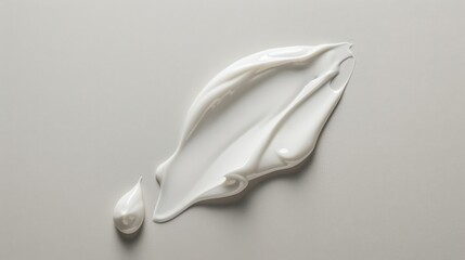 Dollop of white cream or lotion on a light grey background. The cream has a smooth, glossy texture and is shaped irregularly, with one smaller drop beside it