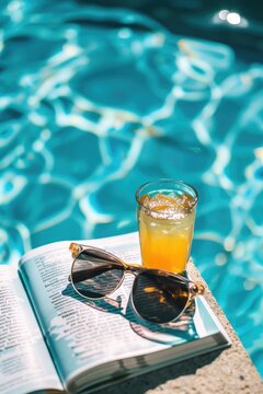 Person relaxing with a book and refreshments near a pool