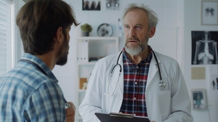 Obraz premium Elderly male doctor in a white coat consulting with a male patient in a medical office setting.