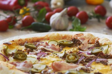 Whole Homemade Pizza with Bacon and Meat on Wooden Table with Ingredients Background. National Pizza Day, La Giornata Mondiale della Pizza, World Pizza Day. Tasty, Food, Fast Food, Hunger.