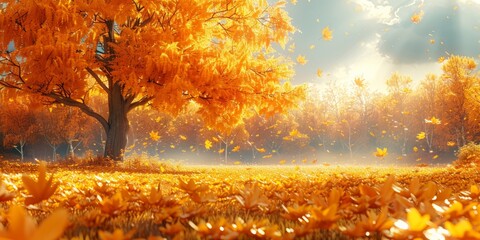 Autumn landscape with golden trees for National Gold Leaf Day, October 17th, vibrant foliage, scenic view, natural beauty