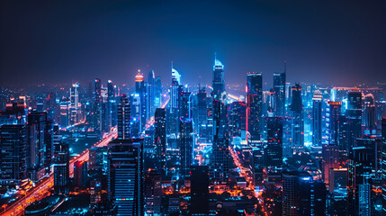 Obraz premium Aerial perspective of city skylines combined with digital marketing