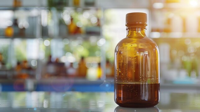 Blurred laboratory background with hydrogen peroxide solution in brown bottle