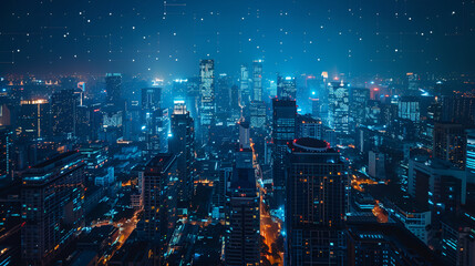 Aerial perspective of city skylines combined with digital marketing