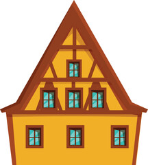 Yellow house facade with brown timber framing, featuring multiple windows with blue panes