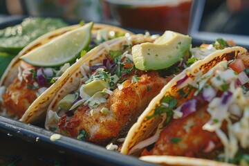 A plate of delicious fish tacos with creamy avocado slaw and fresh lime wedges