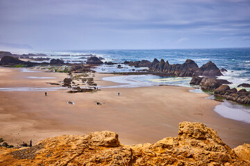 Rugged Seal Rock Coastline with Jagged Formations and Waves - Aerial Perspective