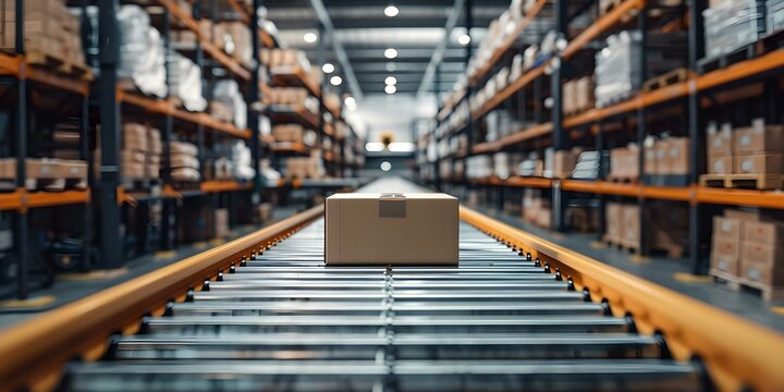 Warehouse conveyor belt for dropshipping products. Concept Warehouse Operations, Dropshipping Strategies, Inventory Management, E-commerce Fulfillment