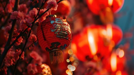 Naklejka premium A bunch of red lanterns hang from a tree branch, illuminated at night