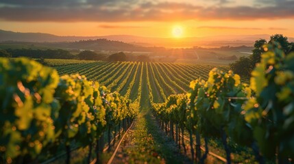 Fototapeta premium Vineyard landscape with sunset.