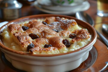 A serving of bread and butter pudding, with layers of buttered bread, raisins, and custard, baked until golden.