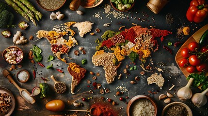 World map made of different spices and herbs on dark background, top view. Diverse range of global cuisines.