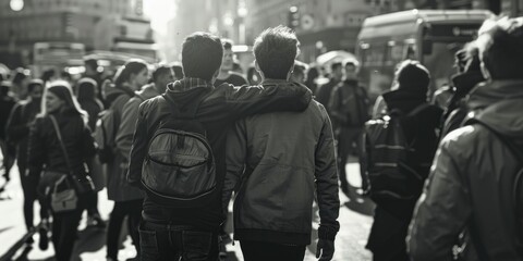 Group of people on foot moving along urban road