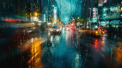 Fototapeta premium City street on a rainy night seen though a wet glass 