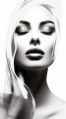 Abstract portrait of an introspective woman with her eyes closed. Black and white poster.