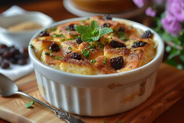 A serving of bread and butter pudding, with layers of buttered bread, raisins, and custard, baked until golden.
