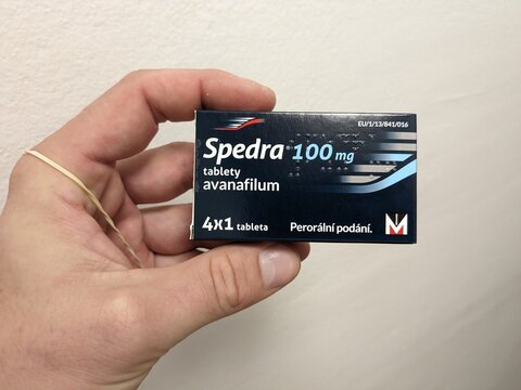 Prague, Czech Republic - July 10 2024: Spedra box of medication with avanafil active substance by Menarini, used for treatment of erectile dysfunction.