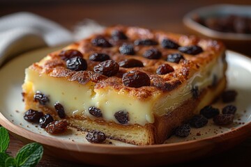 A serving of bread and butter pudding, with layers of buttered bread, raisins, and custard, baked until golden.
