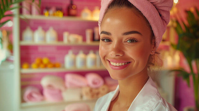 A smiling spa therapist demonstrates personalized skincare treatments in a pink salon.