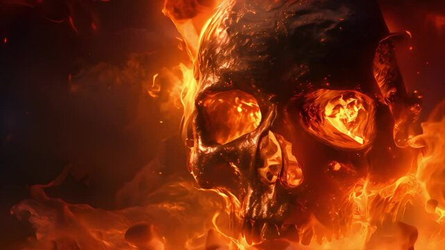 Burning human skull surrounded by flames.