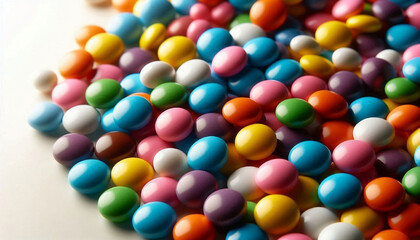 Obraz premium The image features a close-up of colorful, round candies scattered on a white surface, creating a vibrant and playful scene.