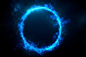 Vibrant neon blue fire circle with dynamic light effects on a dark background.” It’s perfect for technology-themed designs. Generative Ai.	