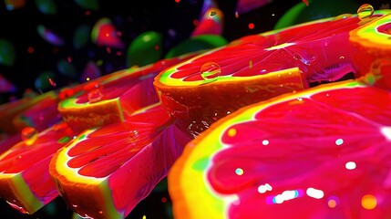   A stack of grapefruit wedges resting atop other fruits against a dark backdrop