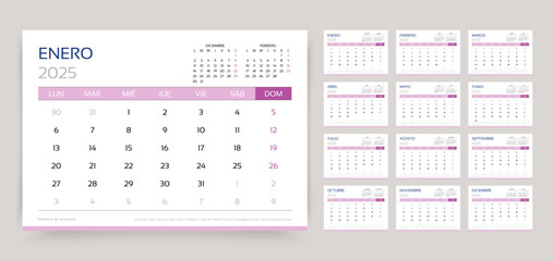 2025 Spanish calendar. Planner template. Week starts Monday. Calender layout with 12 month. Yearly table organizer. Desk schedule grid. Horizontal monthly diary with pages. Vector simple illustration
