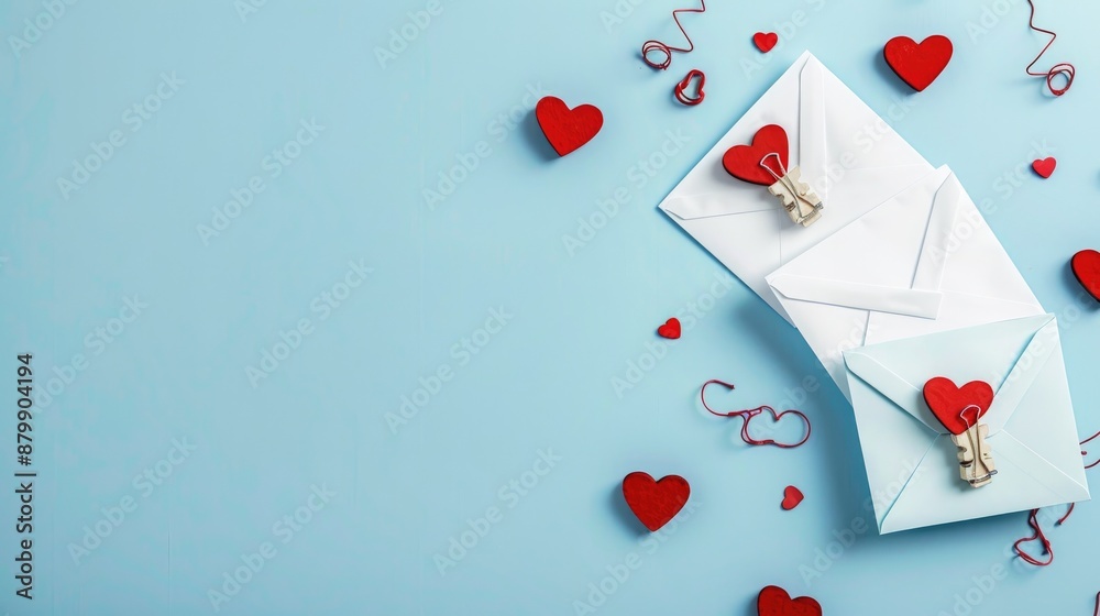 Poster Valentine s Day theme with paper envelopes white paper heart shaped wooden clips on blue background Text space available