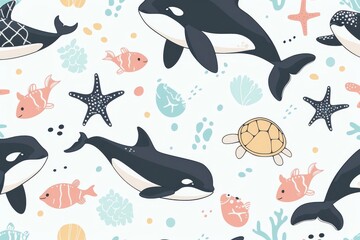 Whales, sharks, narwhals, jellyfish, dolphins, stingrays, turtles, and shrimp are all flat illustrations on white backgrounds.