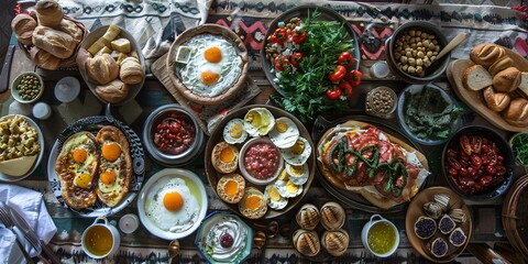 Brunch spread with a variet of dishes pastries. Village Breakfast with pastries, vegetables, greens, spreads, cheeses, fried eggs, jams.