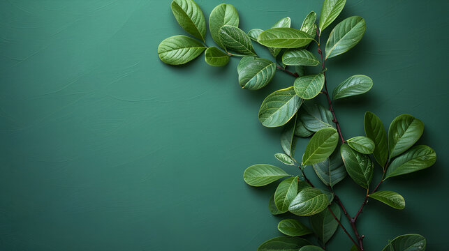 Sprig of fresh green ruskus with green leaves on a background of green, featuring copy space
