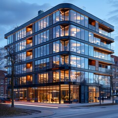 Obraz premium Glass office building at twilight with innovative design and elegant interiors, creating a minimalist atmosphere