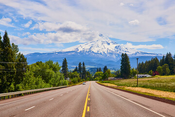 Mount Hood Highway with Snow-Capped Peak Viewed from Eye Level