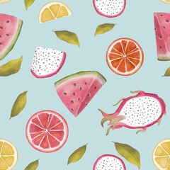 Watercolor bright colors of  mixed fruits, pattern. Hand drawn watercolor sketch style for seamless pattern fashion design, fabric, wallpaper, wrap and all prints. Blue background
