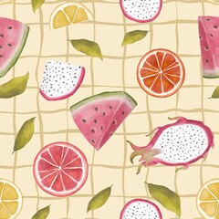 Watercolor bright colors of summer mixed fruits, pattern. Hand drawn watercolor sketch style for seamless pattern fashion design, fabric, wallpaper, wrap and all prints. Yellow grid background