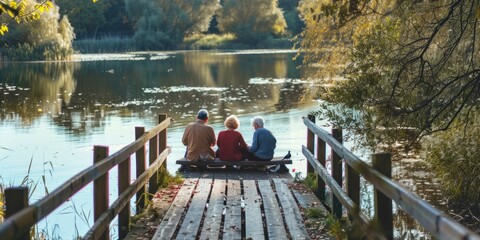 Obraz premium A group of friends or family relaxing on a wooden bench on a dock, possibly enjoying a lake or river view
